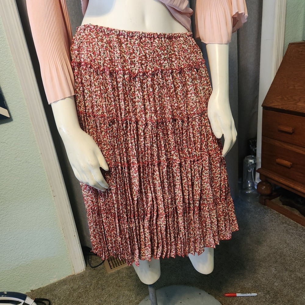 Vtg Sunny Leigh Midi Crinkle Tiered Midi Skirt Elastic Waist Cottage Boho Sz L